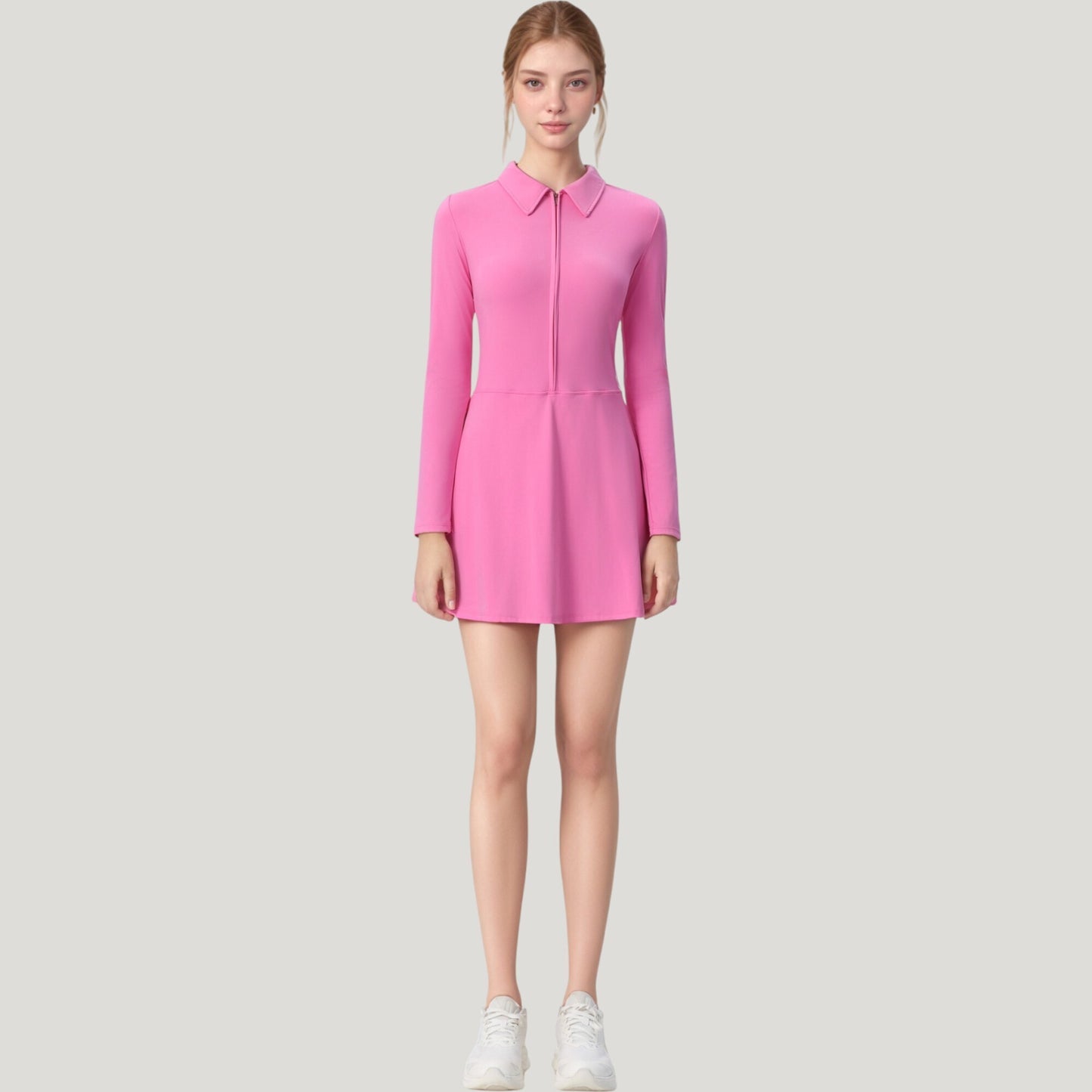 Long Sleeve Active Dress with Zip Front Closure and Pointed Collar