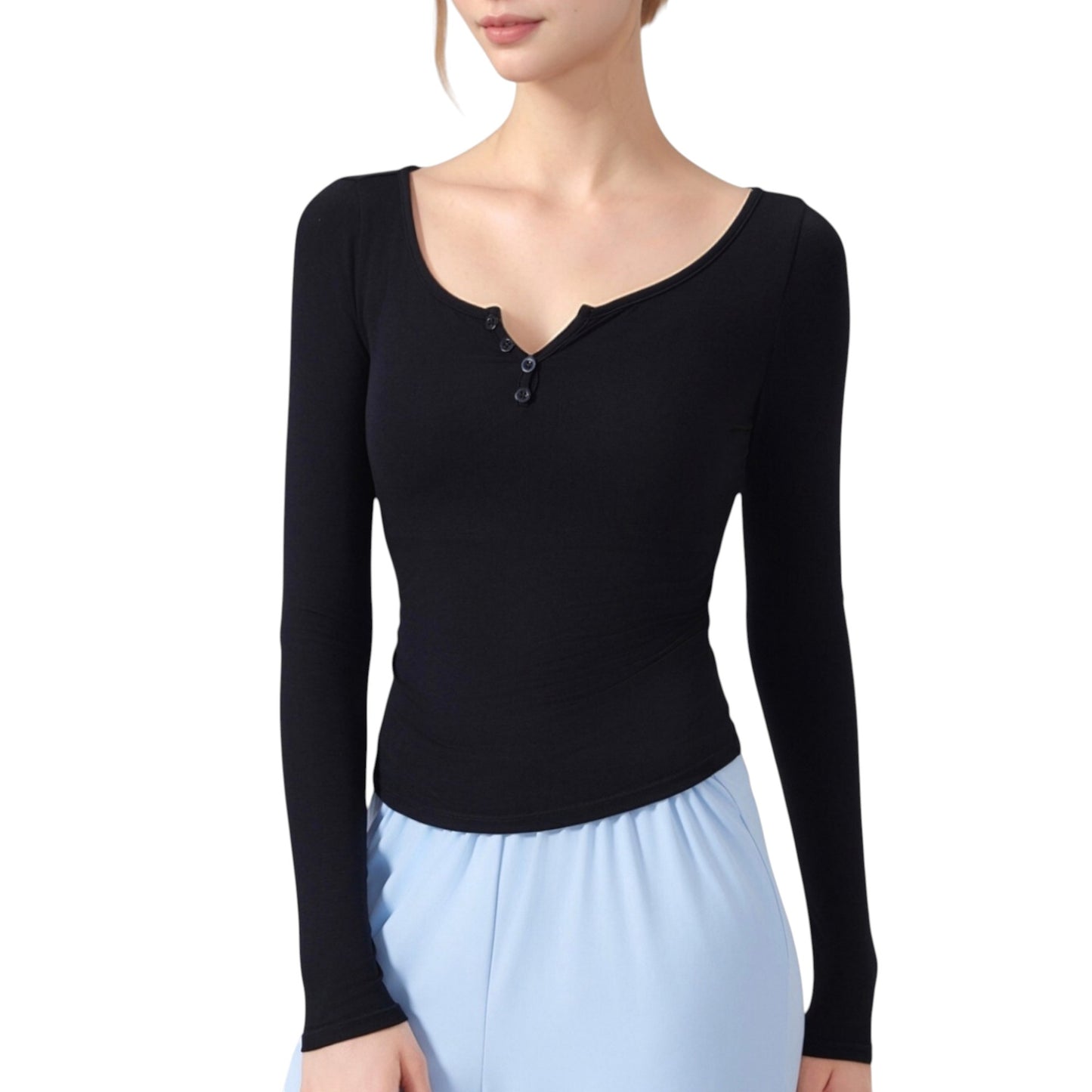 Long Sleeve Henley Activewear Top with Scoop Neckline and Streamlined Fitted Silhouette