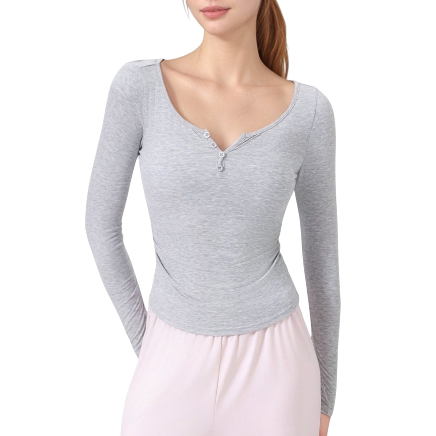 Long Sleeve Henley Activewear Top with Scoop Neckline and Streamlined Fitted Silhouette