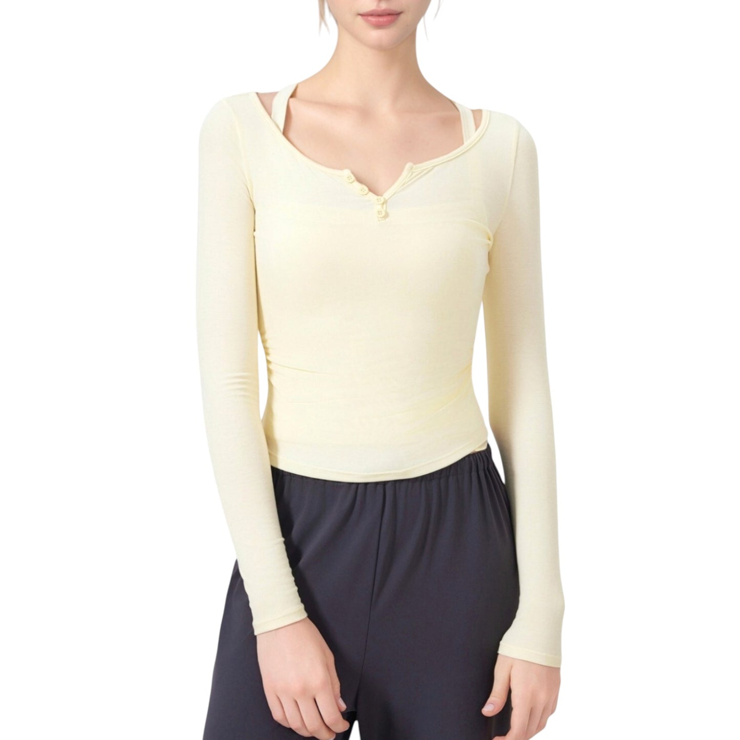 Long Sleeve Henley Activewear Top with Scoop Neckline and Streamlined Fitted Silhouette