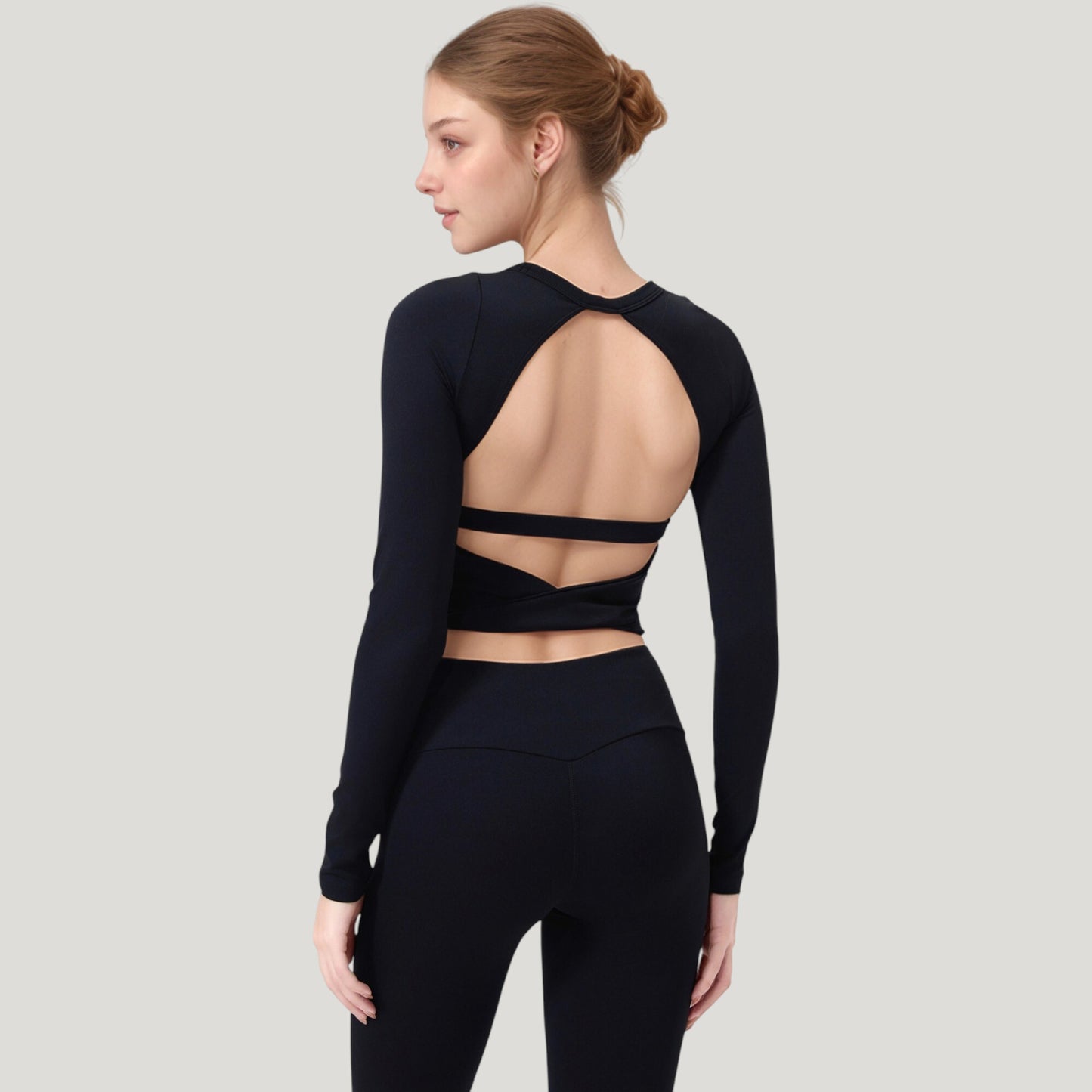 Long Sleeve Cropped Sports Top with Open Back and Crisscross Strap Detail