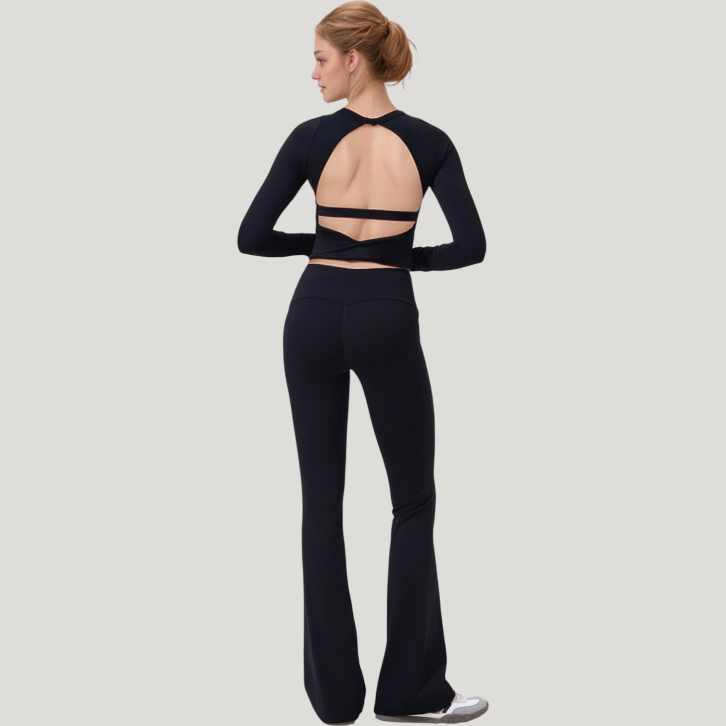 Long Sleeve Cropped Sports Top with Open Back and Crisscross Strap Detail