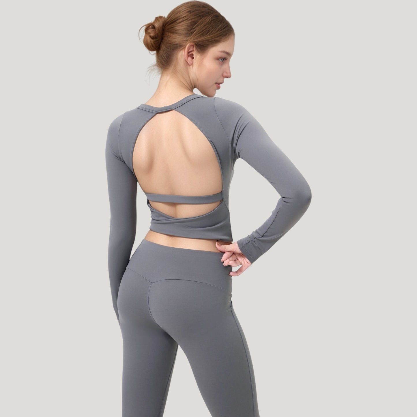 Long Sleeve Cropped Sports Top with Open Back and Crisscross Strap Detail