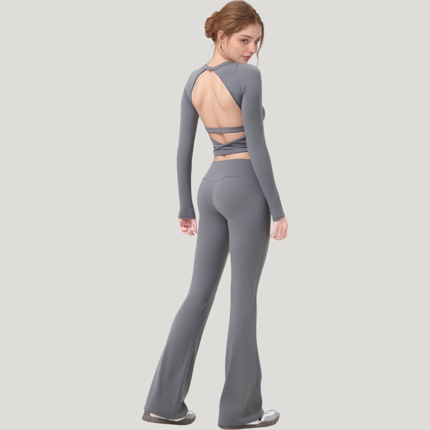 Long Sleeve Cropped Sports Top with Open Back and Crisscross Strap Detail