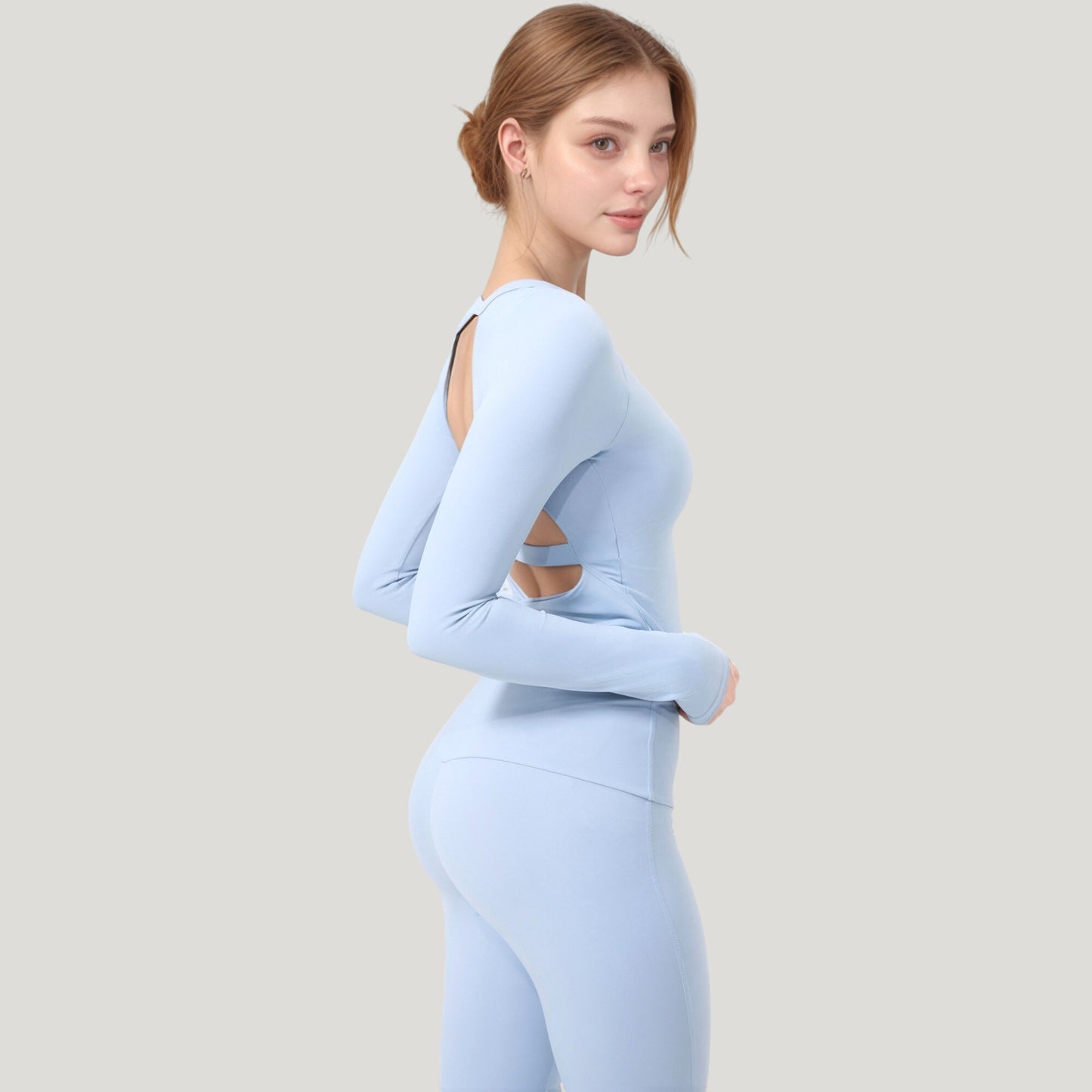 Long Sleeve Cropped Sports Top with Open Back and Crisscross Strap Detail