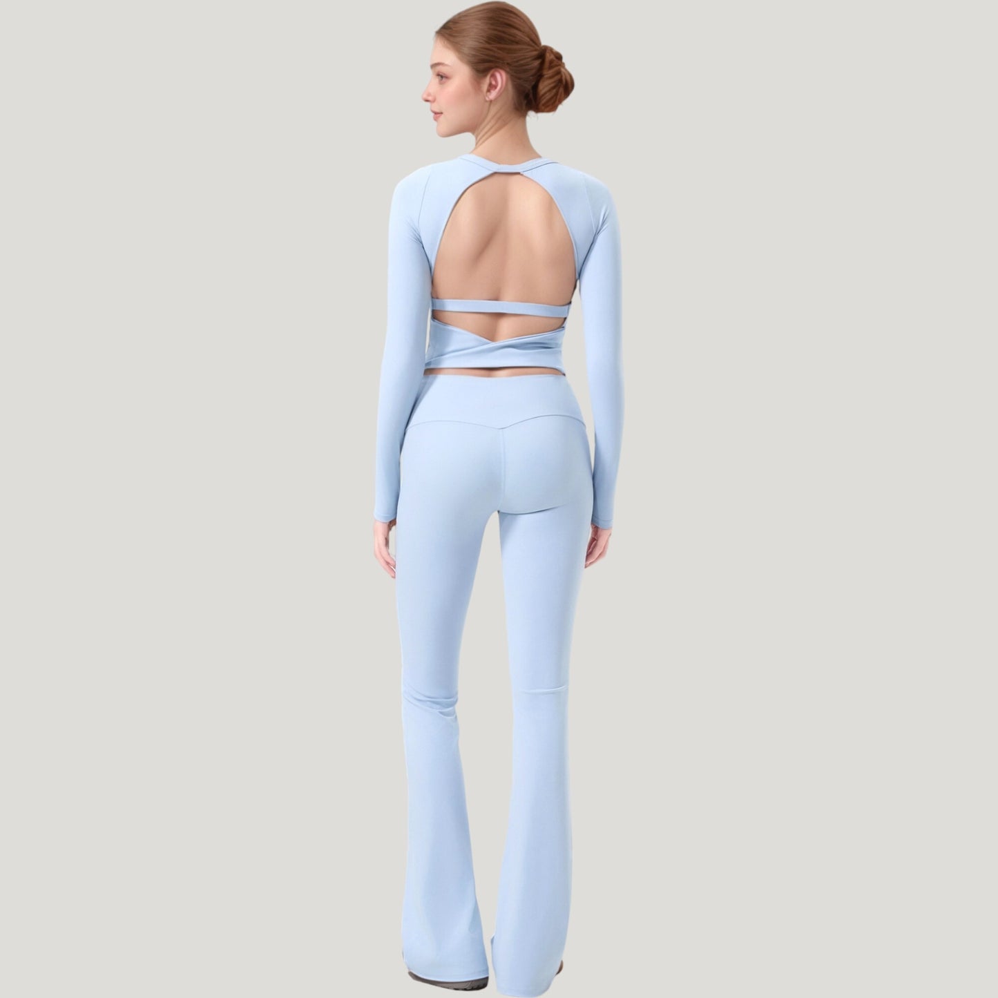 Long Sleeve Cropped Sports Top with Open Back and Crisscross Strap Detail