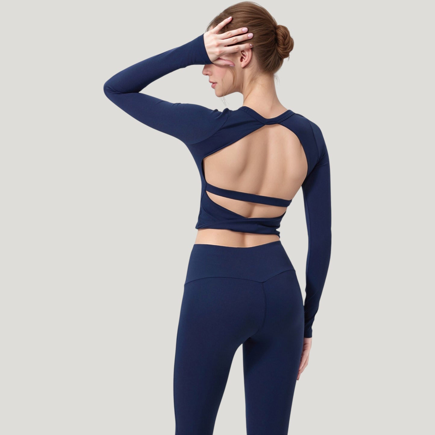 Long Sleeve Cropped Sports Top with Open Back and Crisscross Strap Detail