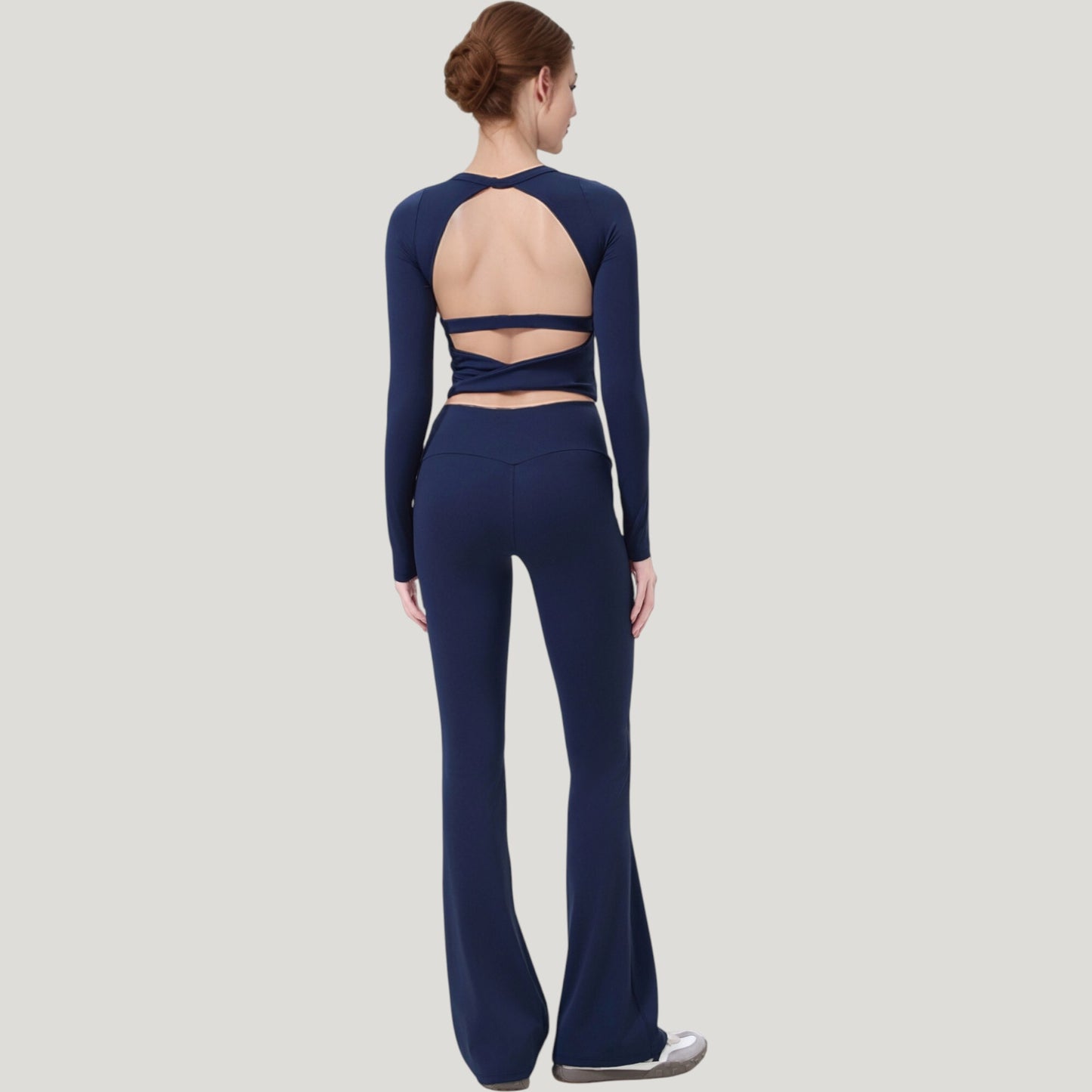 Long Sleeve Cropped Sports Top with Open Back and Crisscross Strap Detail