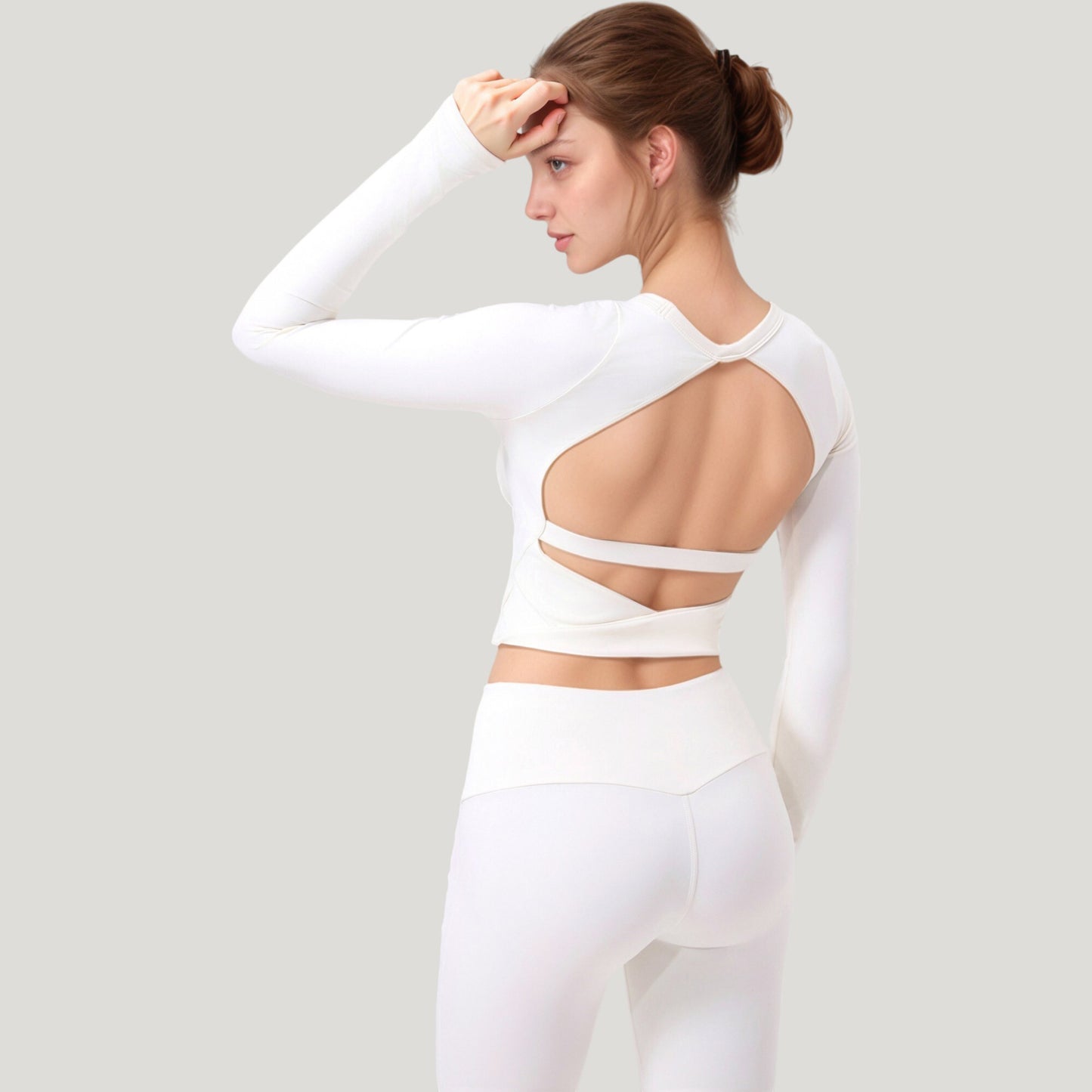 Long Sleeve Cropped Sports Top with Open Back and Crisscross Strap Detail