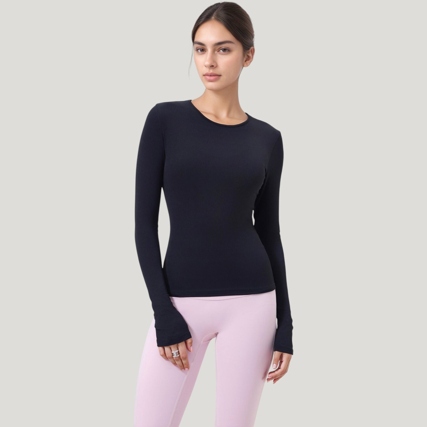 Long Sleeve Fitted Activewear Top with Crew Neck and Thumbhole Cuffs