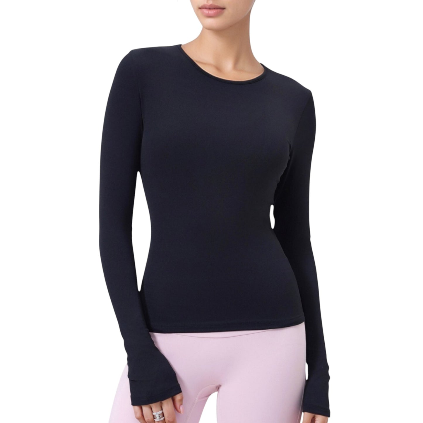 Long Sleeve Fitted Activewear Top with Crew Neck and Thumbhole Cuffs