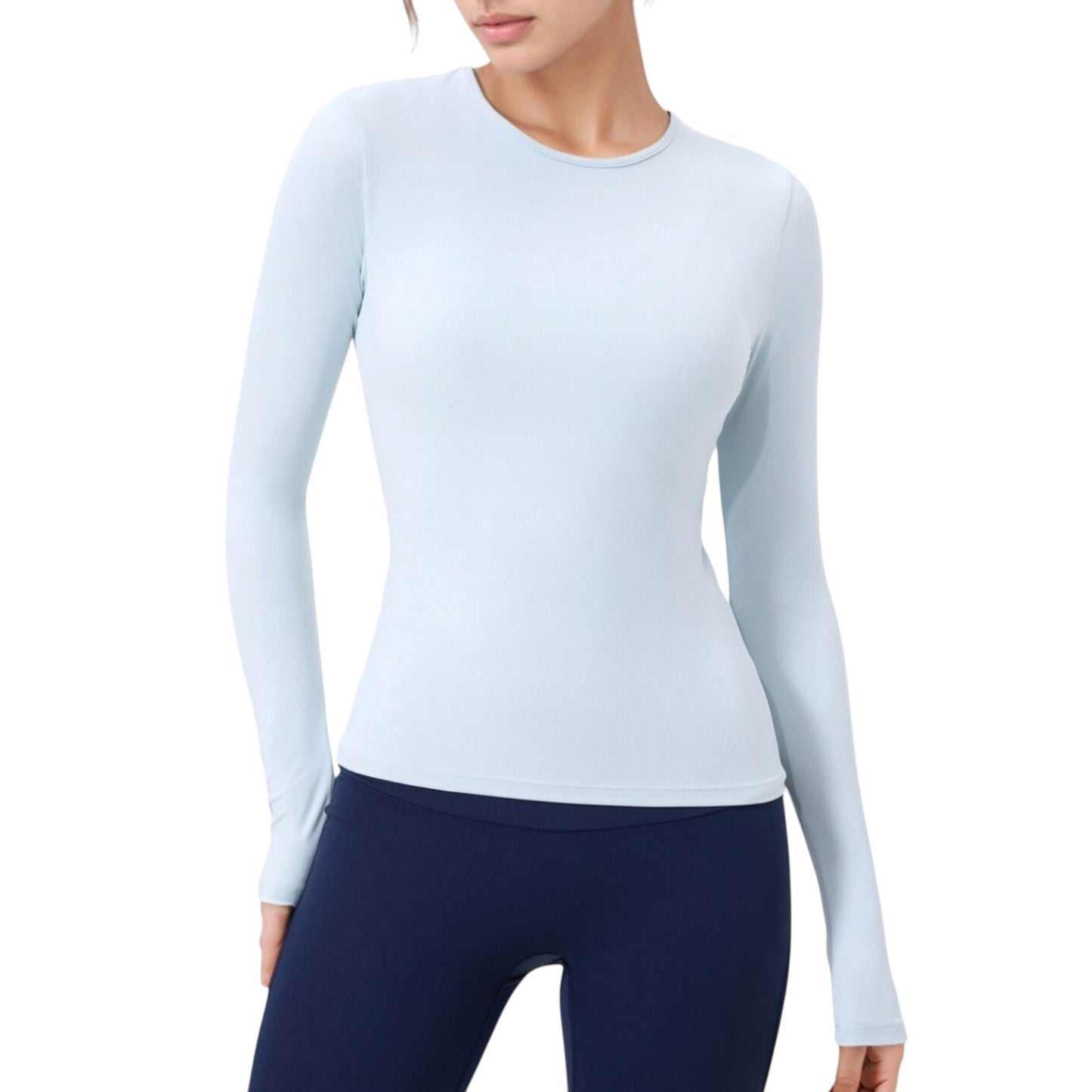 Long Sleeve Fitted Activewear Top with Crew Neck and Thumbhole Cuffs