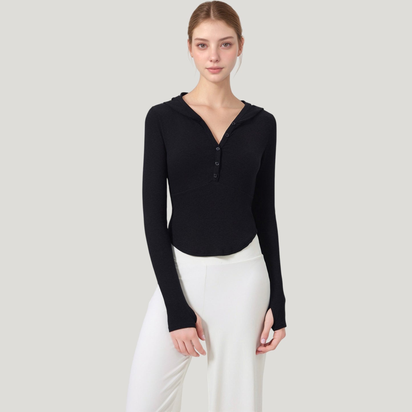 Long Sleeve Henley Hoodie Activewear Top with Streamlined Fit and Lightweight Stretch Fabric