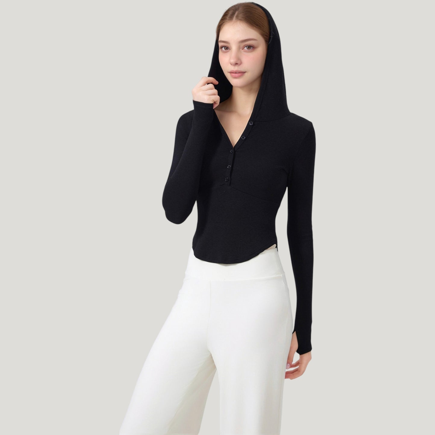Long Sleeve Henley Hoodie Activewear Top with Streamlined Fit and Lightweight Stretch Fabric