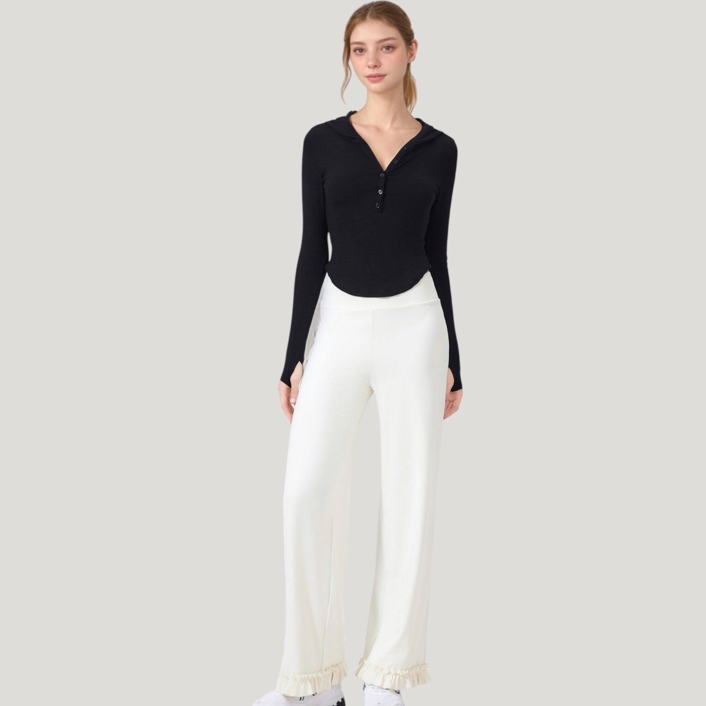 Long Sleeve Henley Hoodie Activewear Top with Streamlined Fit and Lightweight Stretch Fabric