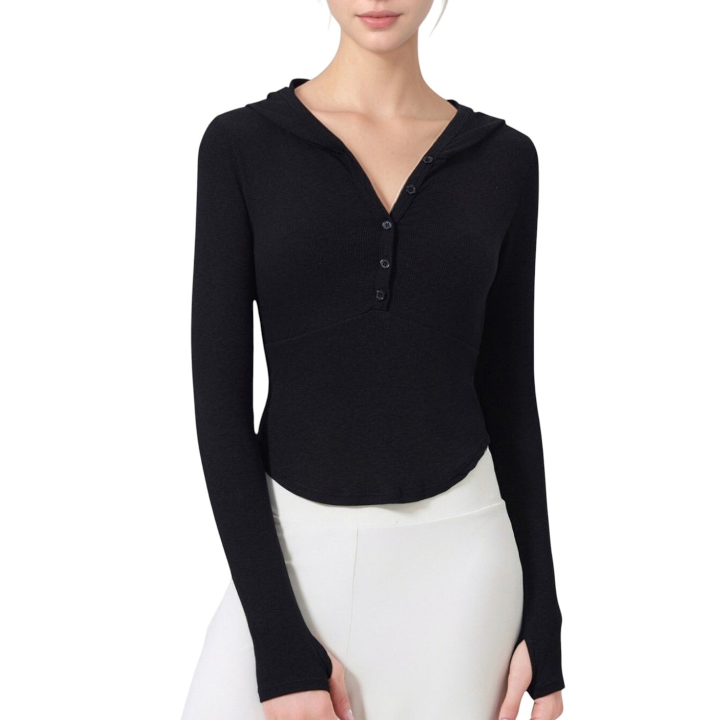 Long Sleeve Henley Hoodie Activewear Top with Streamlined Fit and Lightweight Stretch Fabric