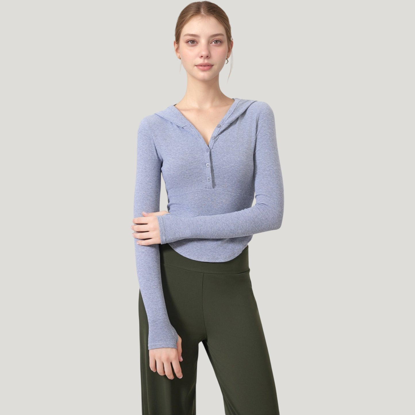 Long Sleeve Henley Hoodie Activewear Top with Streamlined Fit and Lightweight Stretch Fabric