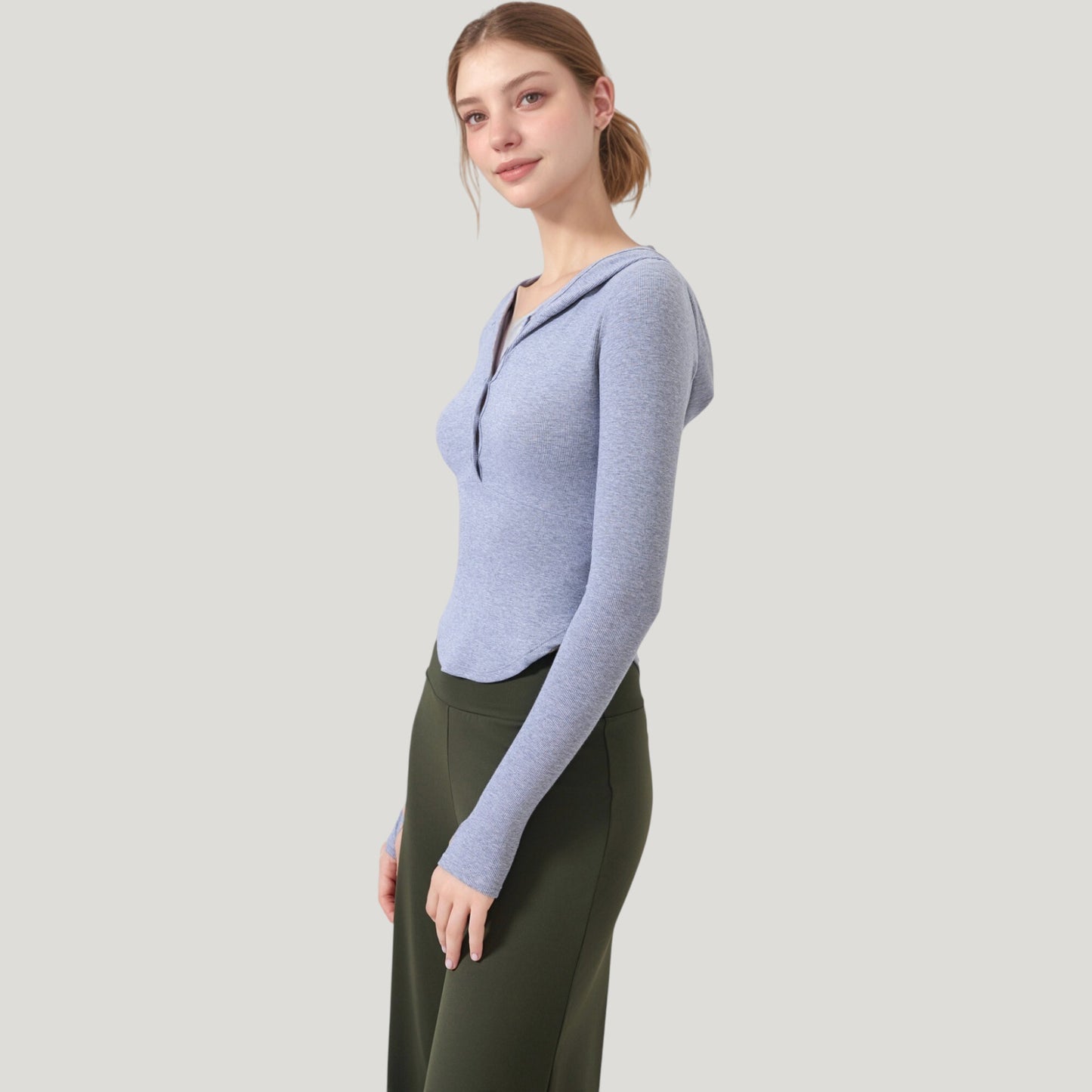 Long Sleeve Henley Hoodie Activewear Top with Streamlined Fit and Lightweight Stretch Fabric