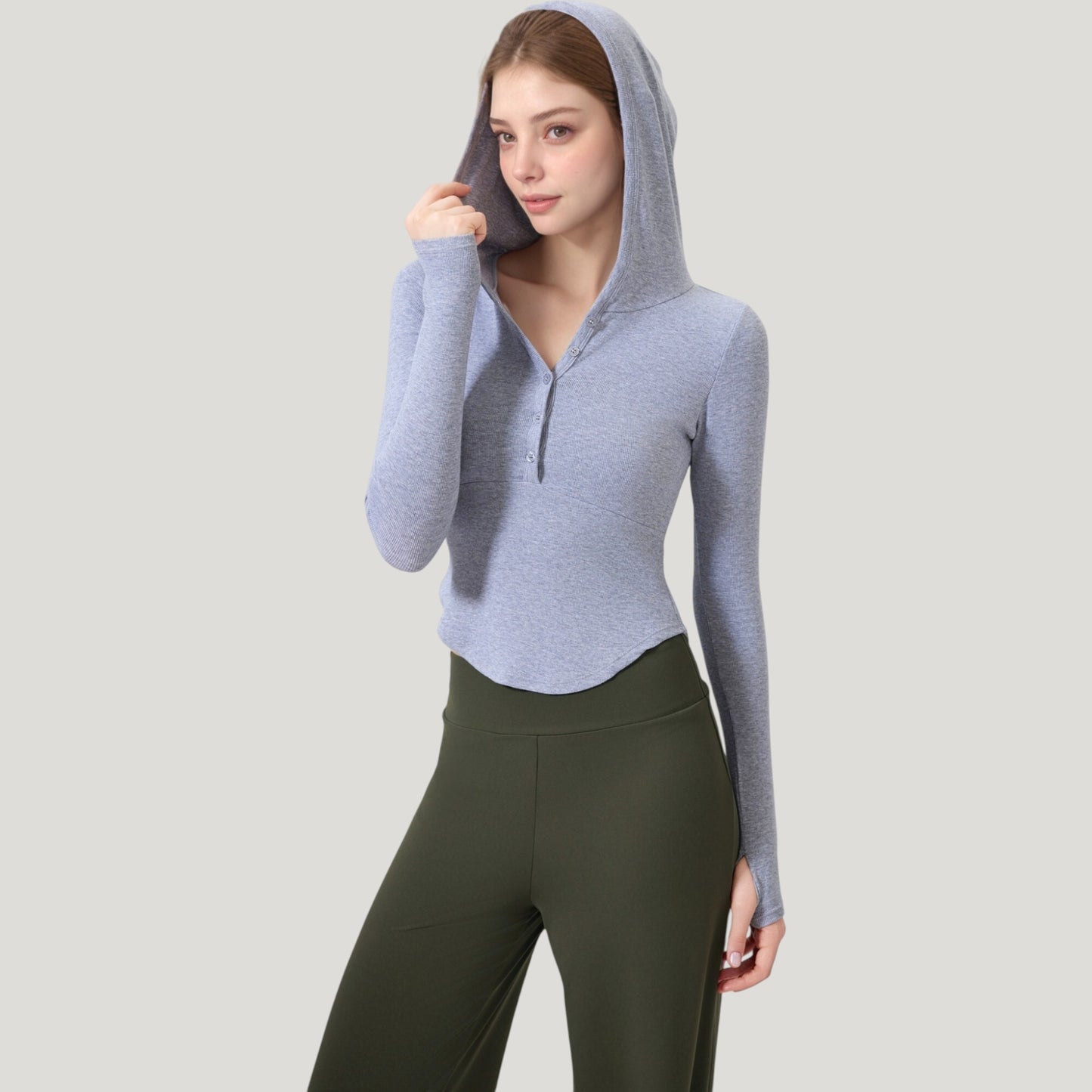 Long Sleeve Henley Hoodie Activewear Top with Streamlined Fit and Lightweight Stretch Fabric