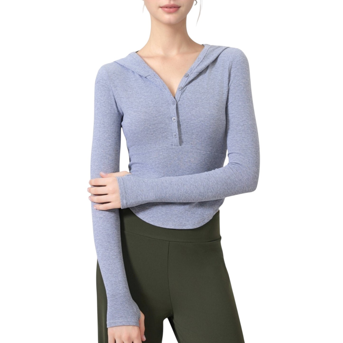 Long Sleeve Henley Hoodie Activewear Top with Streamlined Fit and Lightweight Stretch Fabric