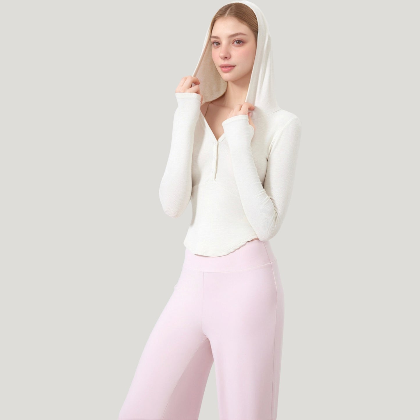 Long Sleeve Henley Hoodie Activewear Top with Streamlined Fit and Lightweight Stretch Fabric