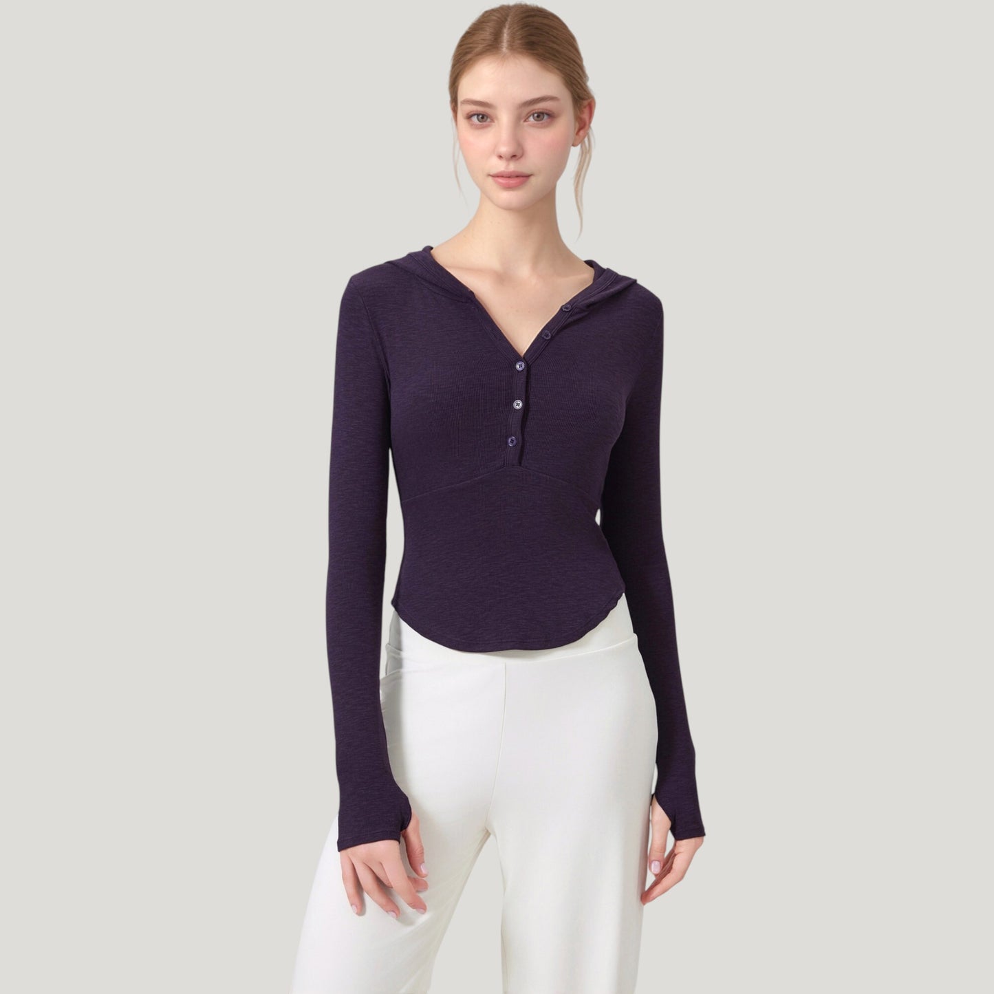 Long Sleeve Henley Hoodie Activewear Top with Streamlined Fit and Lightweight Stretch Fabric