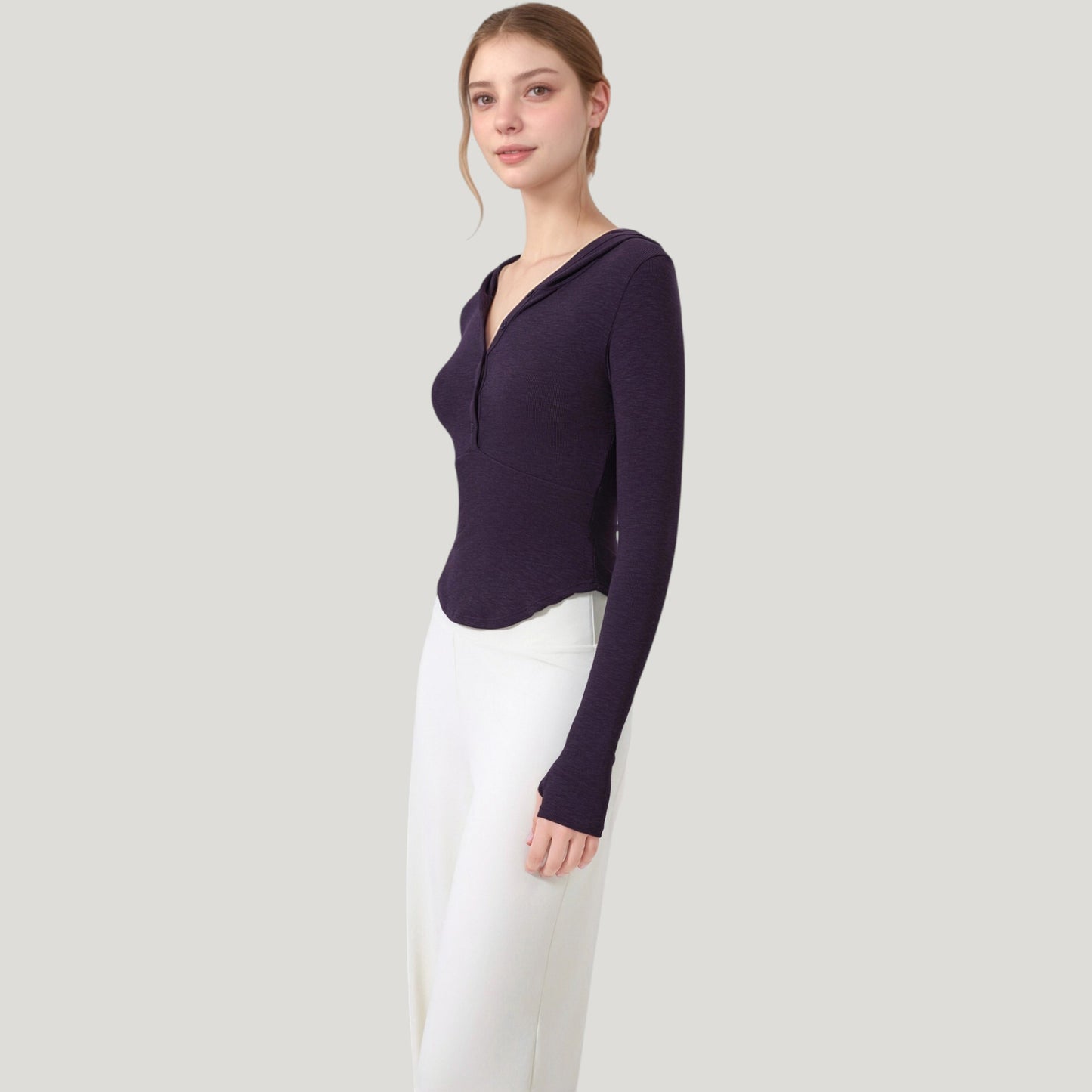 Long Sleeve Henley Hoodie Activewear Top with Streamlined Fit and Lightweight Stretch Fabric