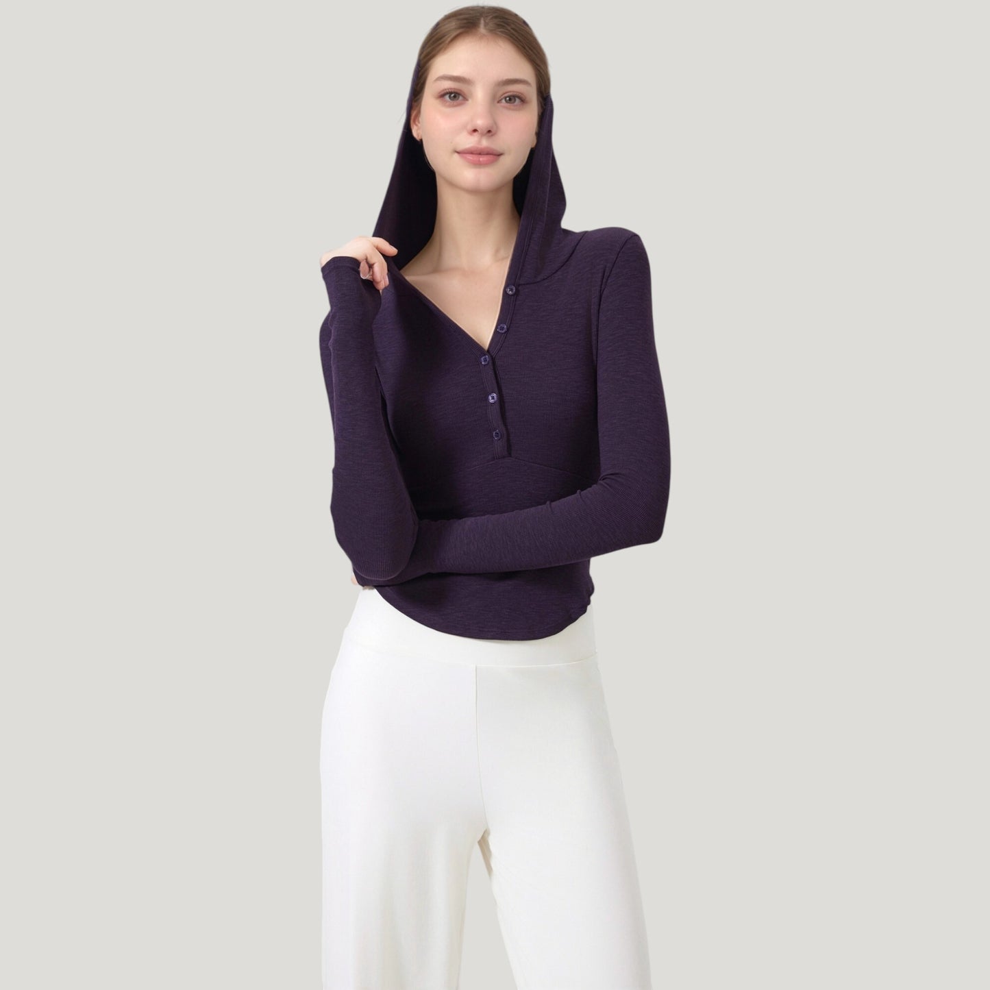 Long Sleeve Henley Hoodie Activewear Top with Streamlined Fit and Lightweight Stretch Fabric