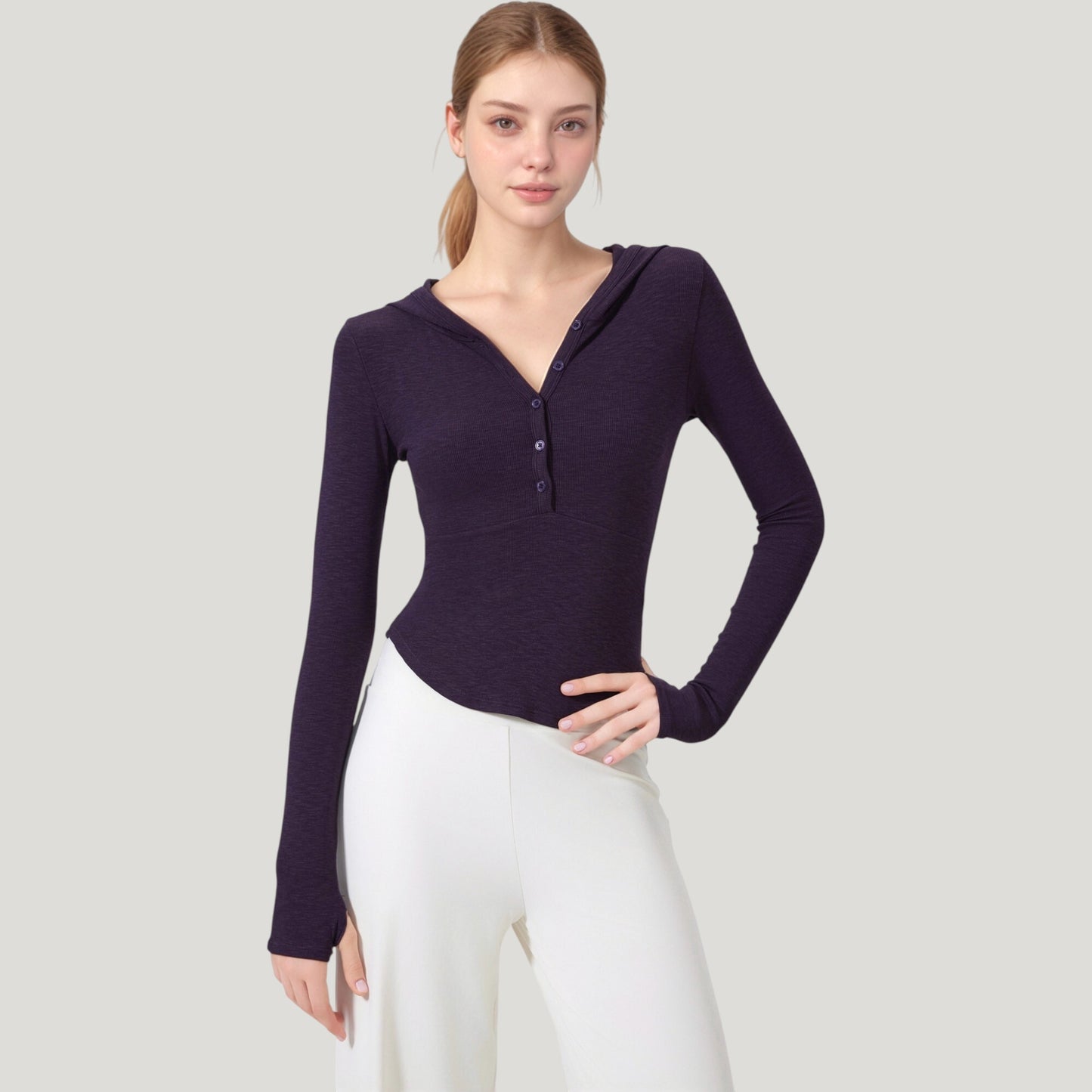 Long Sleeve Henley Hoodie Activewear Top with Streamlined Fit and Lightweight Stretch Fabric