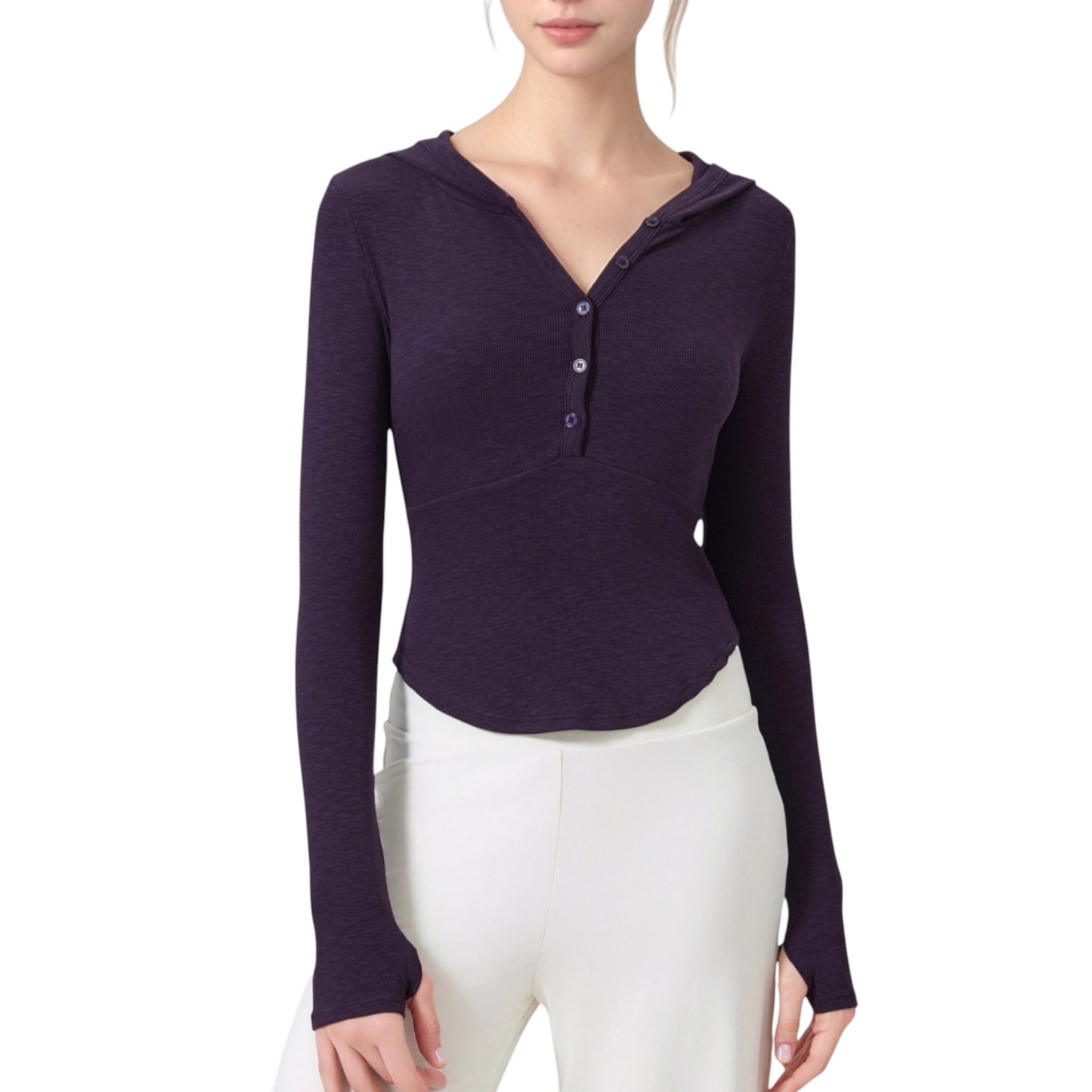 Long Sleeve Henley Hoodie Activewear Top with Streamlined Fit and Lightweight Stretch Fabric
