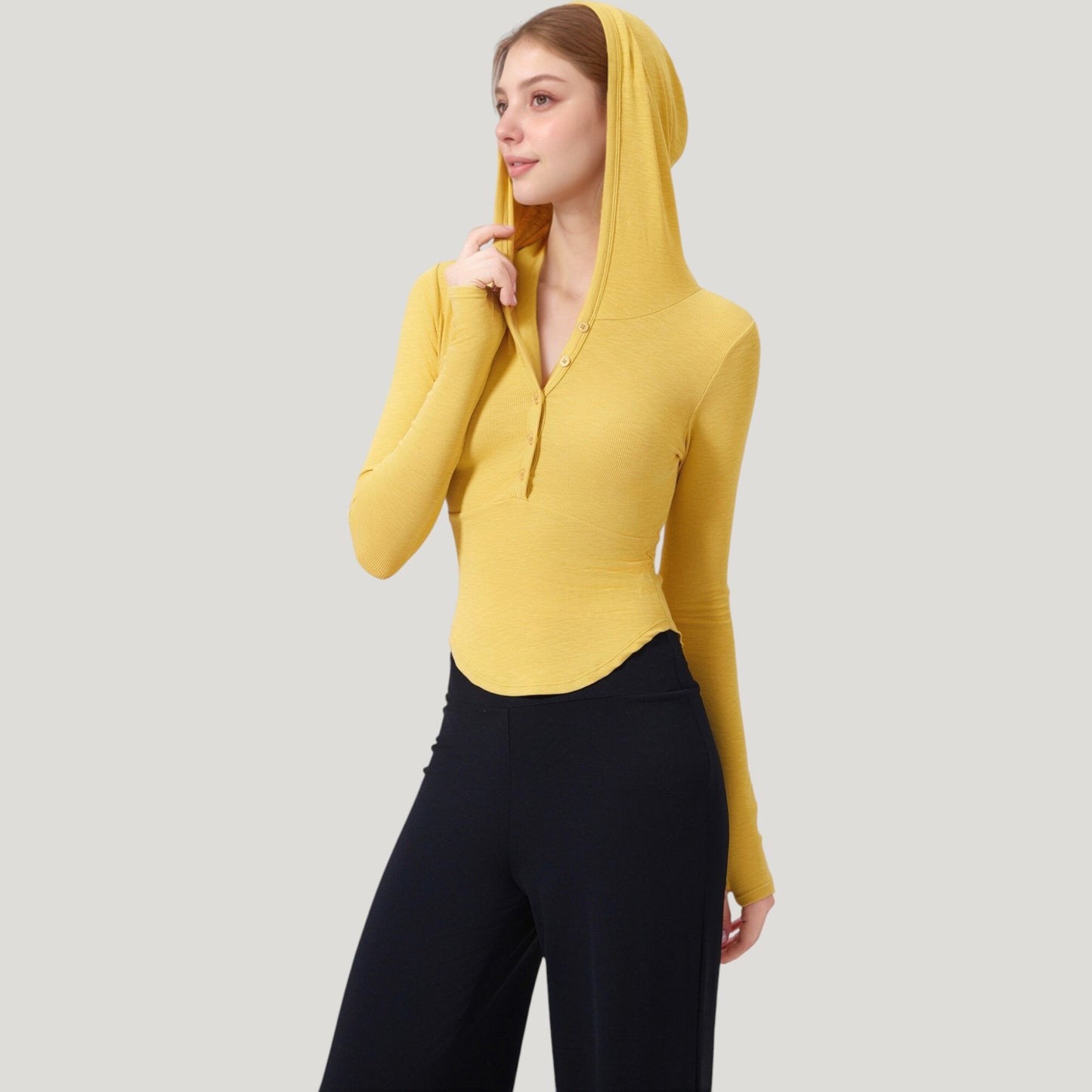 Long Sleeve Henley Hoodie Activewear Top with Streamlined Fit and Lightweight Stretch Fabric