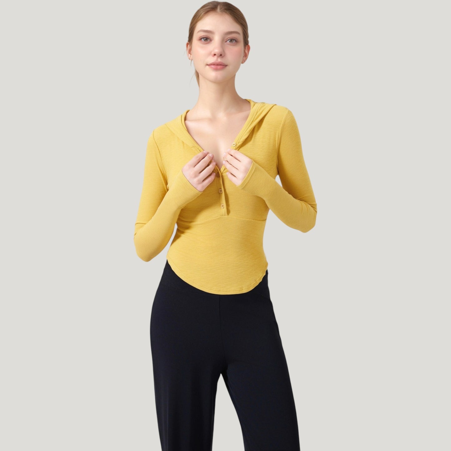 Long Sleeve Henley Hoodie Activewear Top with Streamlined Fit and Lightweight Stretch Fabric