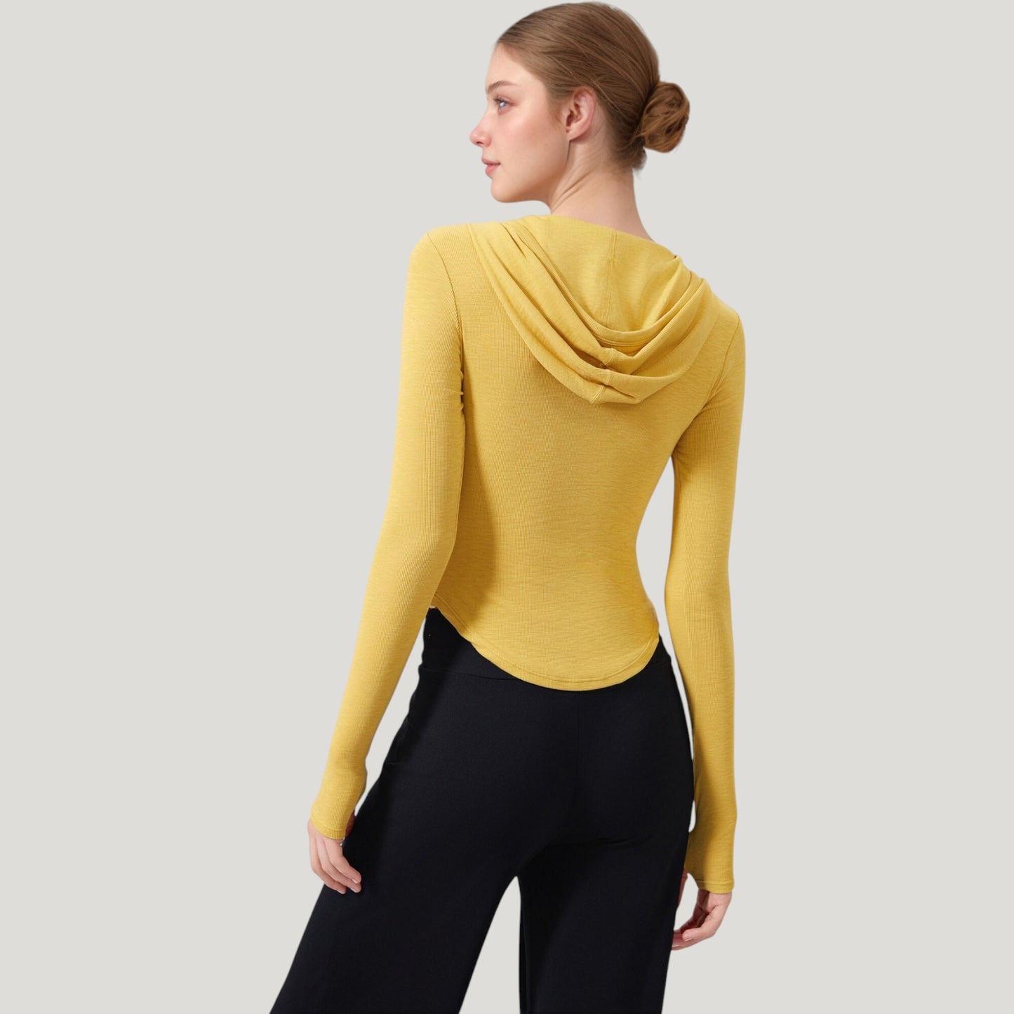 Long Sleeve Henley Hoodie Activewear Top with Streamlined Fit and Lightweight Stretch Fabric