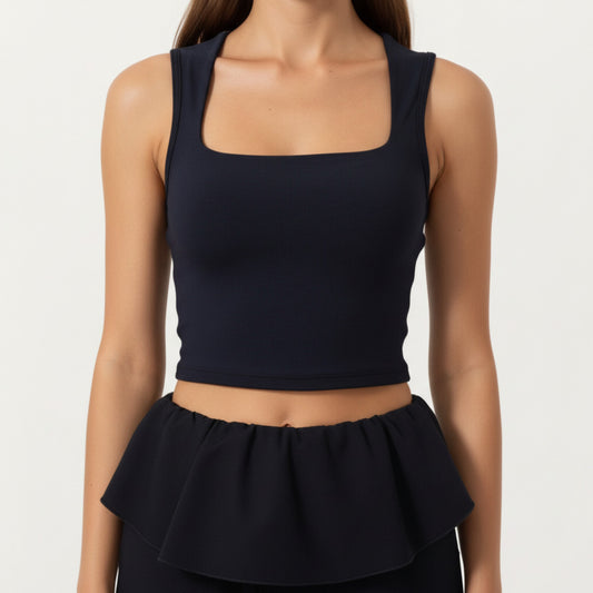 Square Neck Cropped Active Tank Top with Wide Straps and Fitted Stretch Design