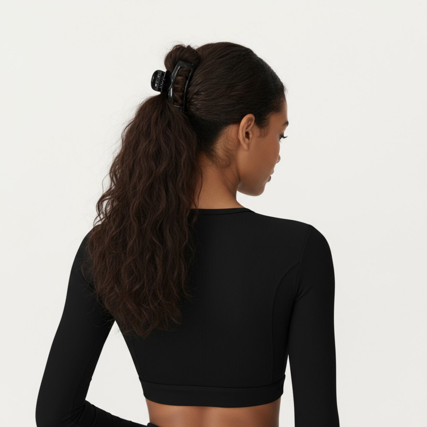 Ribbed Cropped Long-Sleeve Top with Square Neckline and Contour Seaming