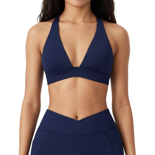 V-Neck Halter Sports Bra with Wide Band and Supportive Stretch Fit