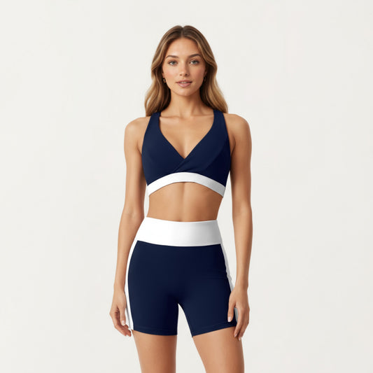 V-Neck Cross Front Colorblock Sports Bra with Wide Straps and Supportive Elastic Band