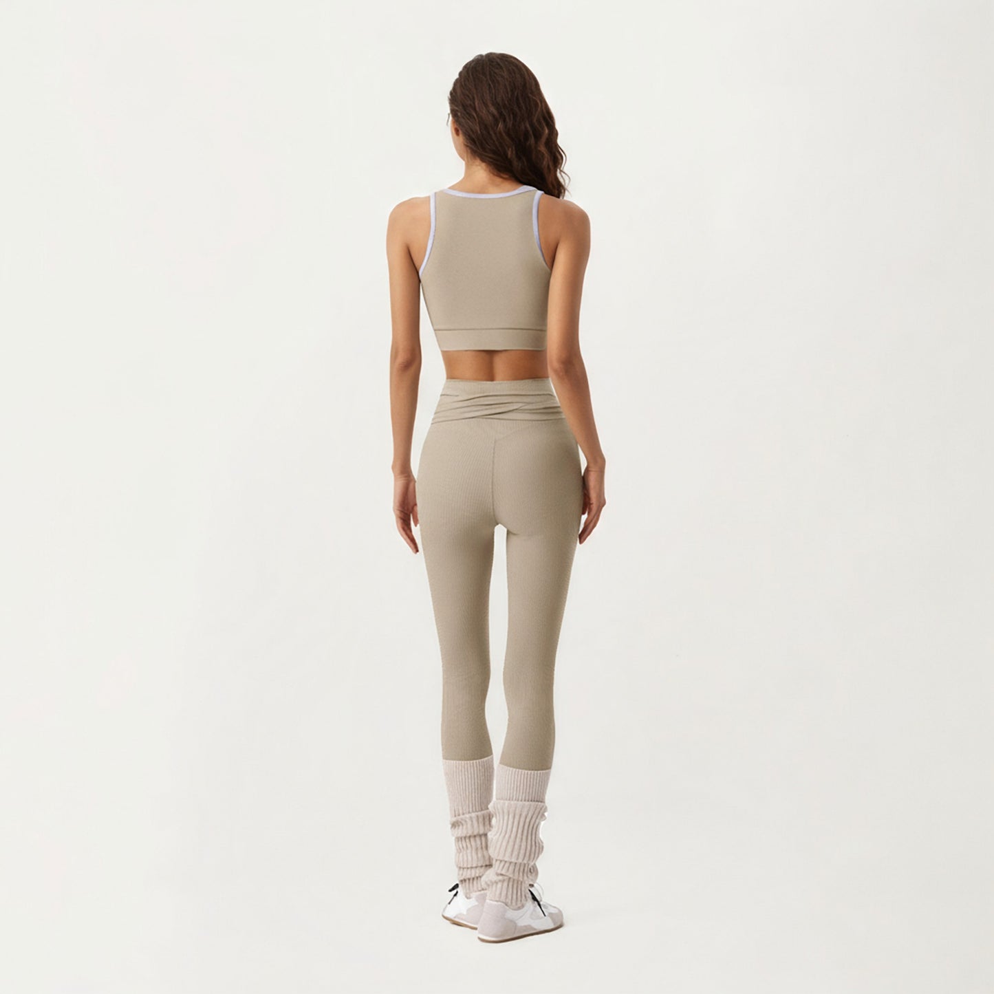 Ribbed Knit High Waist Leggings with Wrap Tie Waistband and Contrast Cuffed Hem