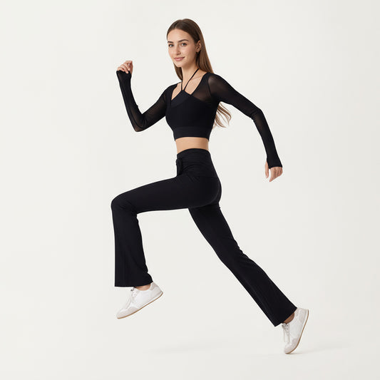Ribbed Knit Flare Pants with Wrap Tie Waistband and High Waist Silhouette