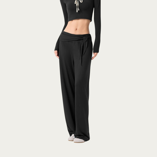 Wide Leg Lounge Pants with Wrap Tie Waistband and Relaxed High Waist Fit