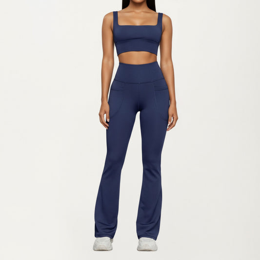 Flare Athletic Pants with Wide Supportive Waistband Functional Patch Pockets and Stretch Performance Fabric