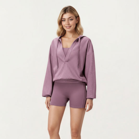 Waffle Knit Long Sleeve Active Hoodie Top with Deep V-Neckline Relaxed Fit and Soft Stretch Texture for Everyday Comfort