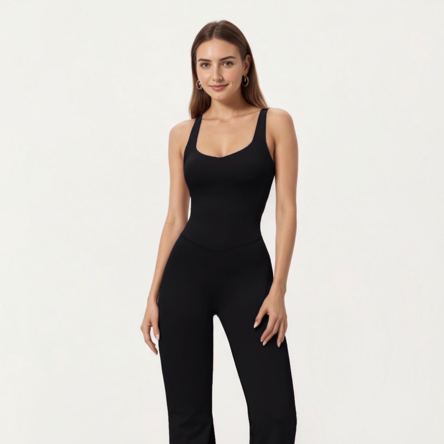 Scoop Neck Flare Leg One-Piece Activewear Jumpsuit with Contoured Fit and Smooth Stretch Fabric for Streamlined Comfort