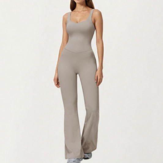 Scoop Neck Flare Leg One-Piece Activewear Jumpsuit with Contoured Fit and Smooth Stretch Fabric for Streamlined Comfort