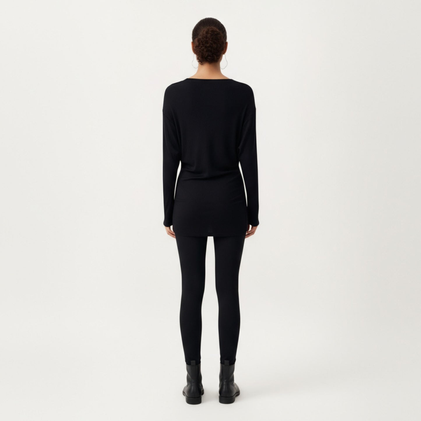 Off Shoulder Long Sleeve Top with Soft Stretch Fabric Relaxed Draped Fit and Extended Hemline