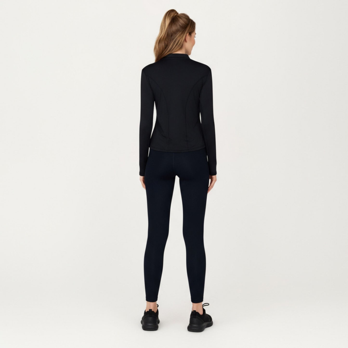 Long Sleeve Active Top with High Neck Half Zip Front Smooth Stretch Fabric and Contoured Fit