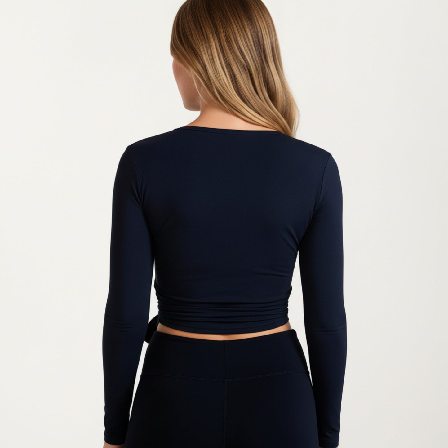Long Sleeve Wrap Athletic Top with Adjustable Waist Tie and Stretch Performance Fabric