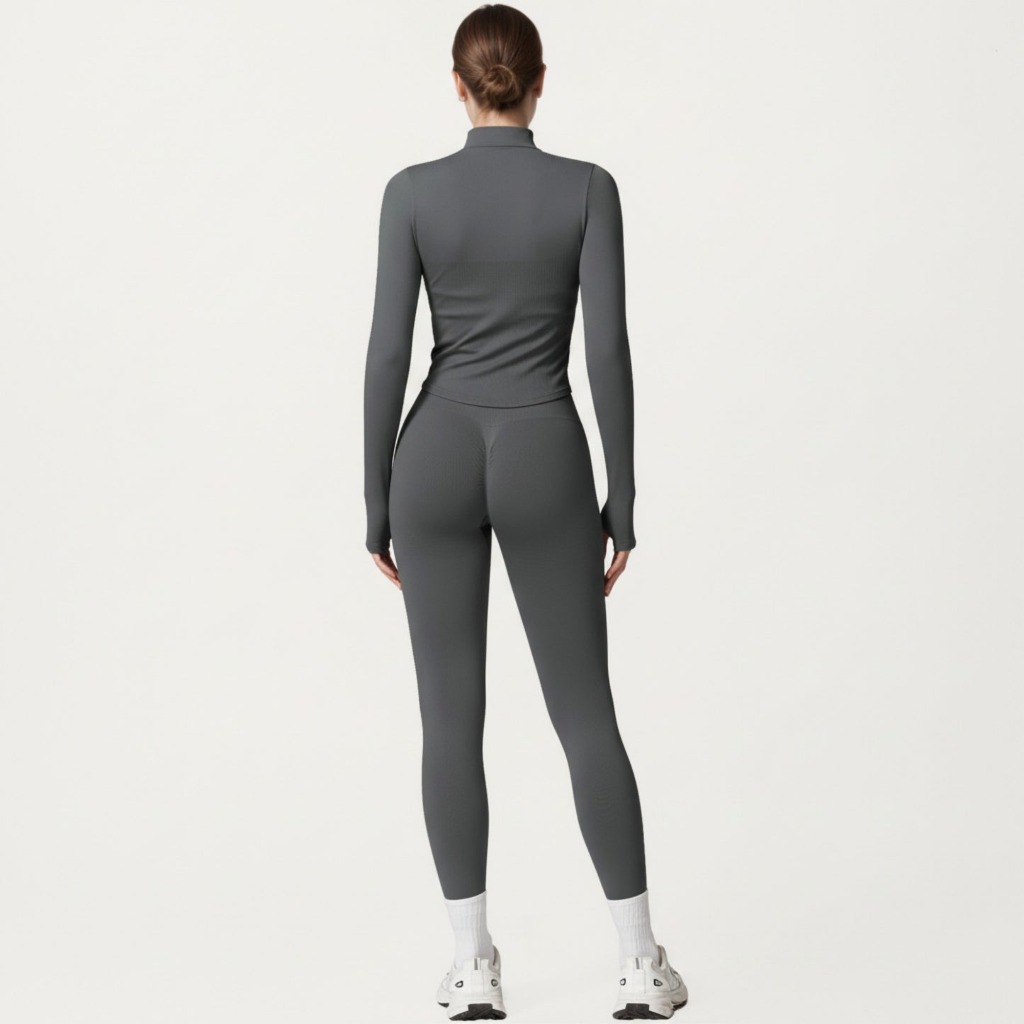 Long Sleeve Zip Front Fitted Active Top with High Neck and Thumbhole Cuffs