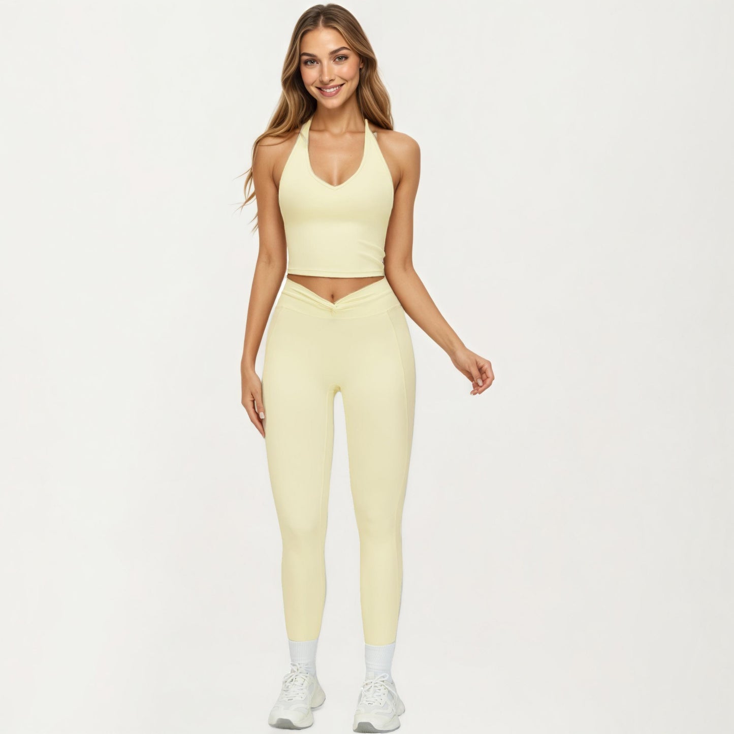 High Waist Sculpting Leggings with Twist Front Waistband and Smooth Stretch Fabric
