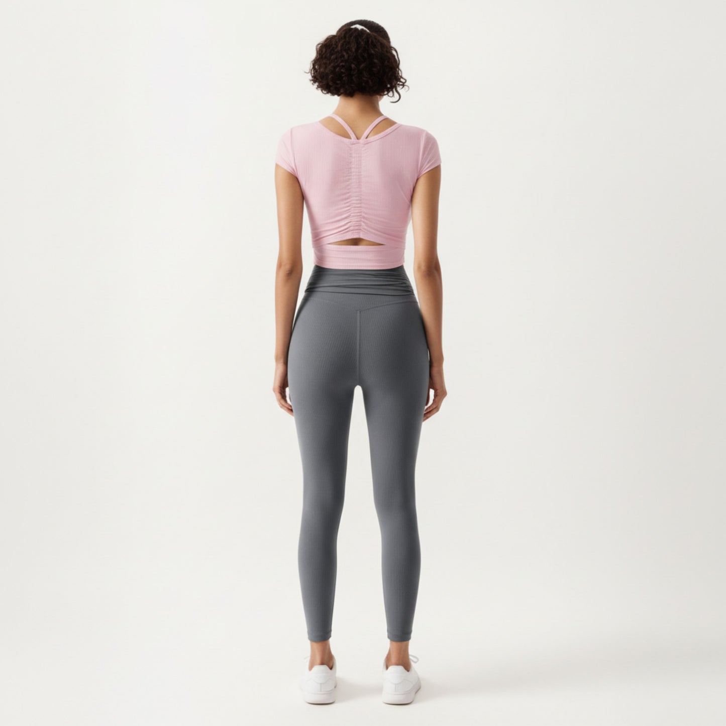 Short Sleeve Ribbed Active Crop Top with Scoop Neck and Back Strap Detail